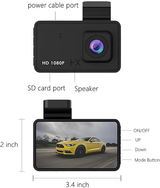 1080P HD dashcam, front-facing camera, 3-inch display, 140° wide-angle lens, night vision function.