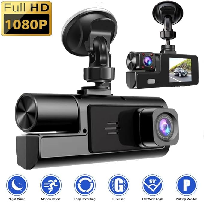 1080P dual-lens dashcam, suitable for front and rear views of vehicles, 170° wide-angle lens, 2-inch IPS screen, loop recording, night vision function (dual-lens dashcam, memory card not included).