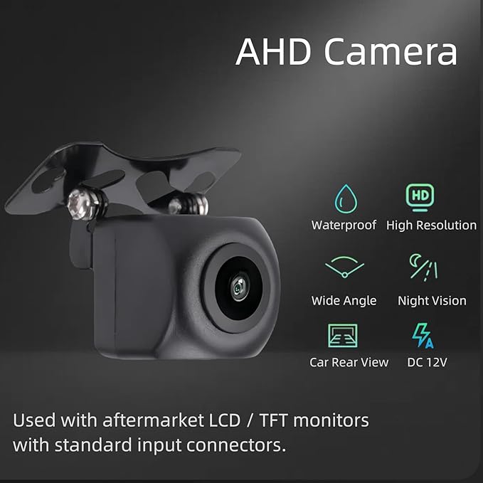 A reversing camera for screens and rearview mirrors, upgradable to an AHD 1080P high-definition reversing camera, with a 4-pin interface and a 19.68-foot (approximately 6-meter) long 4-pin to 2.5mm male connector for car audio systems.