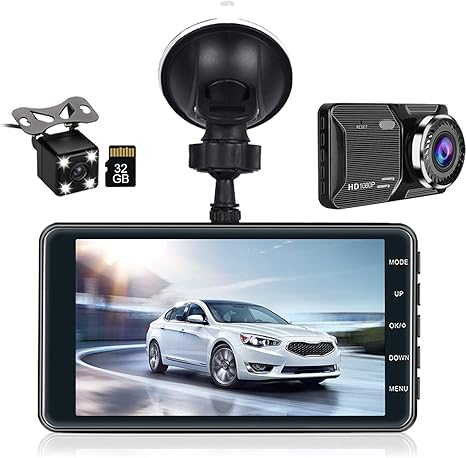 Dual Dash Cam Front and Rear View, 4'' LCD Touch Screen FHD 1080P Dashboard Camera Recorder Car Dashcam with Rear Camera, G-Sensor, HDR, Loop Recording, Parking Mode, Motion Detection