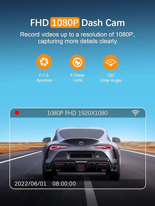 Car dashcam with WiFi, full HD 1080P, front-facing, mini car dashcam, and night vision function.