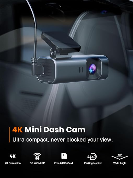 4K Dash Cam Front, Built-in 5G WiFi, 64GB Card Included, Dash Camera for Cars, Mini Dashcam with Super Night Vision, Loop Recording, G-Sensor, 24 Hours Parking Monitor, Support 256GB Max