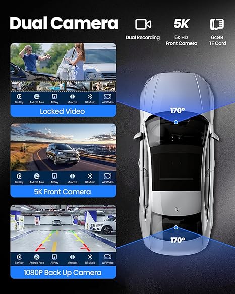 Suitable for in-car 5K dashcams, with 1080p reversing camera, Bluetooth/GPS navigation/voice control (Black)