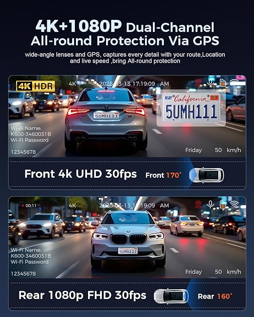 4K dashcam, front and rear dual recording, 3.59-inch IPS screen, built-in GPS and 5G WiFi.