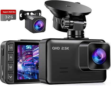 Dash Cam Front and Rear, 2.5K+1080P Dual Dash Camera for Cars, 2’’ Display Mini Car Camera, G-Sensor Dashcam, Night Vision, 24H Parking Mode, Loop Recording, 170°Wide Angle, 32GB Card Included