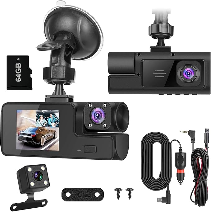Car Dash Cam 3 Channels WiFi FUD 1080P Front Rear Inside Dash Camera with Loop Recording Reversing Visual Night Vision WDR 170° Wide Angle with 64G Card Max for Car Parking