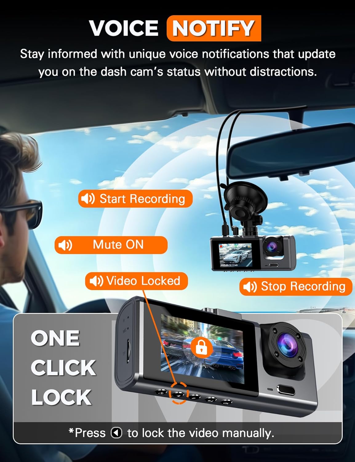 3 Channel WiFi Dash Cam Front and Rear Inside with 64GB SD Card, 2.5K+1080P+1080P Car Dash Camera for Cars Front and Rear, Dashcam with G-Sensor, Loop Recording, 24H Parking Mode, Support 512GB