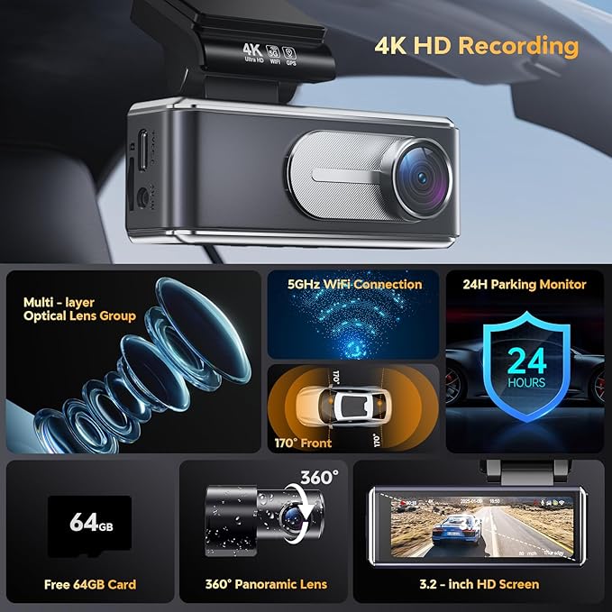 Front and rear dual-recording dashcam - 4K high-definition dual-lens dashcam with built-in 5G WiFi GPS, supports 64GB memory card, and features a 3.2-inch IPS screen.