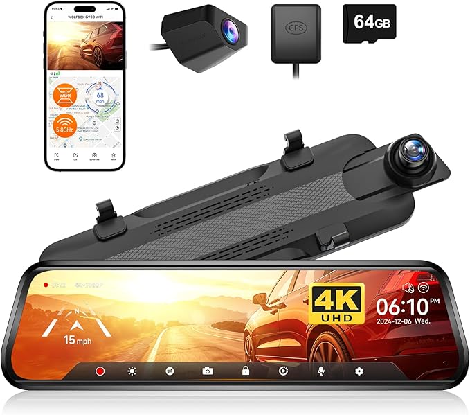 10-inch rearview mirror camera, supports 5.8GHz WiFi, front and rear 4K dashcams with WDR wide dynamic range function, touchscreen rearview mirror reversing image, parking monitoring, reversing assist, includes 64GB memory card and GPS.
