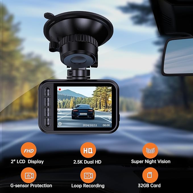 Front and rear dual-camera dashcam, 2.5K dual-lens dashcam, 2560P mini car camera, 2-inch IPS screen, standard 32GB memory card, 24-hour parking monitoring, gravity sensor, supports up to 256GB memory card.