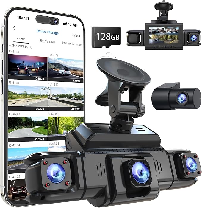 360 View 4 Channel Dash Cam Front and Rear Left Right Inside Camera for Cars, GPS and 5G Band WiFi, Night Vision, 160 Wide Angle, WDR, 24H Parking Mode, Supercapacitor, Included 128GB Card