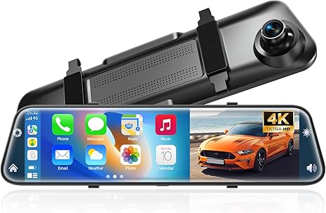 12''4K Rear View Mirror Camera with CarPlay&Andorid Auto,Mirror Dash Cam Front and Rear for Car Truck with Voice Control&Split Touch Screen, Rerverse Assist/Loop Record/G sensor/64GB Card Included