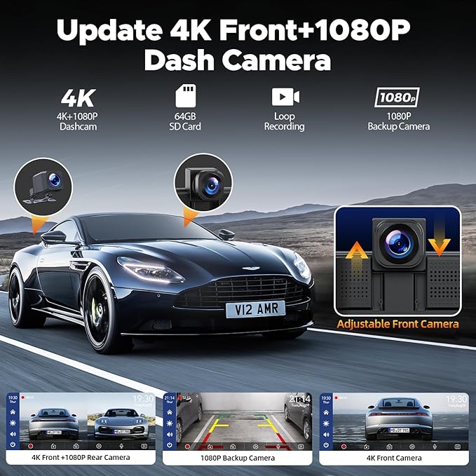 It features a 9-inch wireless in-car screen, a 4K+1080P dashcam, and a reversing camera.