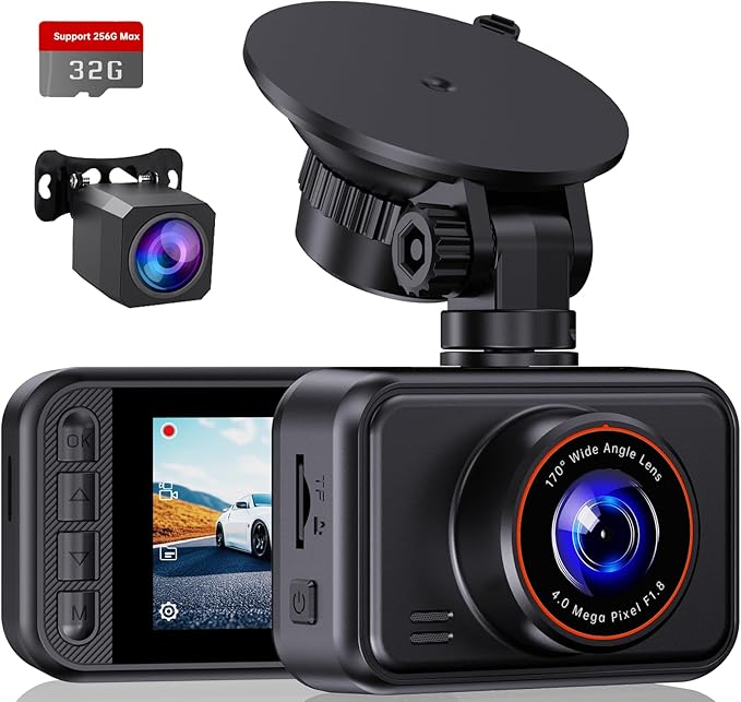 Front and rear dual-camera dashcam, 2.5K dual-lens dashcam, 2560P mini car camera, 2-inch IPS screen, standard 32GB memory card, 24-hour parking monitoring, gravity sensor, supports up to 256GB memory card.