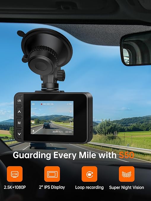 Dash Cam Front and Rear, 2.5K+1080P Dual Dash Camera for Cars, 2’’ Display Mini Car Camera, G-Sensor Dashcam, Night Vision, 24H Parking Mode, Loop Recording, 170°Wide Angle, 32GB Card Included