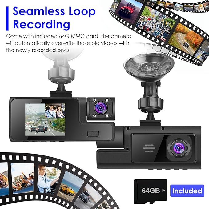 Car Dash Cam 3 Channels WiFi FUD 1080P Front Rear Inside Dash Camera with Loop Recording Reversing Visual Night Vision WDR 170° Wide Angle with 64G Card Max for Car Parking