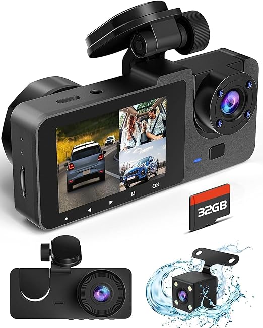 Dash Cam Front and Rear Inside, 4K Full HD Triple Dash Camera for Cars, Car Camera with 32GB Card,Built-in Loop Recording,G-Sensor,24H Parking Monitor,WDR,Accident Lock
