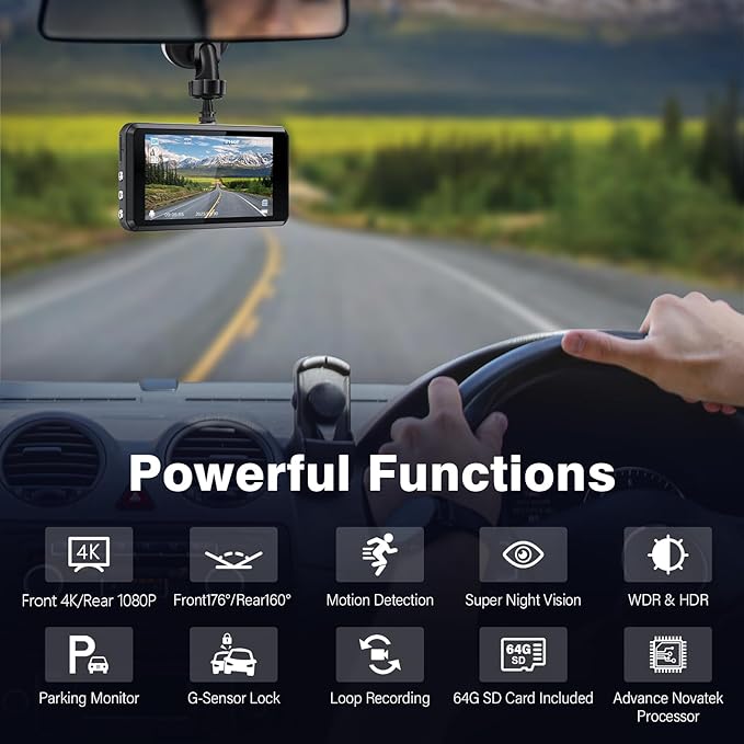 4K Dash Cam Front and Rear, 64G SD Card,2160P+1080P FHD Dual Dash Camera for Cars,176°+160° Wide Angle,3.2'' IPS Screen Dashcam,Loop Recording,G-Sensor,WDR,24H Parking Monitor,Night Vision