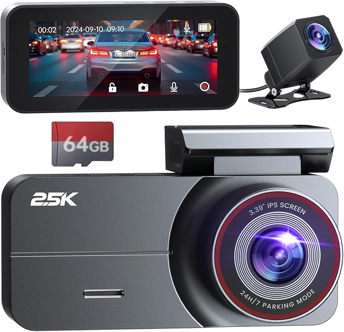 Dash Cam Front and Rear, 2.5K /1080P QHD Dual Dash Camera for Cars, Super Night Vision Dashcam, Loop Recording, 3.39” IPS, 64GB Card Included, 160° Wide Angle, Parking Mode - Black Pro