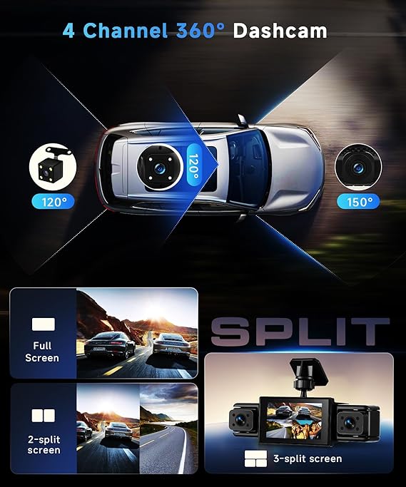 360° Dash Cam Front and Rear Inside Left Right, 4 Channel FHD 1080P Dash Cam for Cars, 3 Inch IPS Dashcams with Night Vision, Loop Recording, 24H Parking Mode Monitor, Reverse View