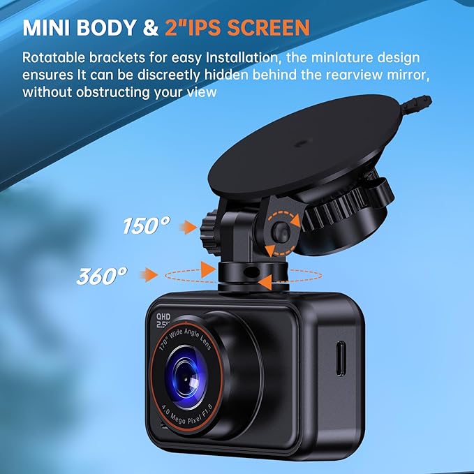 Front and rear dual-camera dashcam, 2.5K dual-lens dashcam, 2560P mini car camera, 2-inch IPS screen, standard 32GB memory card, 24-hour parking monitoring, gravity sensor, supports up to 256GB memory card.