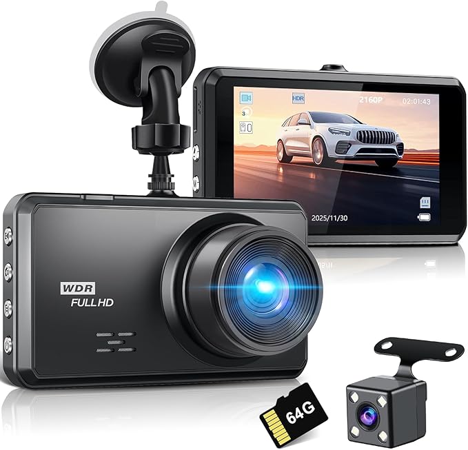 4K Dash Cam Front and Rear, 64G SD Card,2160P+1080P FHD Dual Dash Camera for Cars,176°+160° Wide Angle,3.2'' IPS Screen Dashcam,Loop Recording,G-Sensor,WDR,24H Parking Monitor,Night Vision