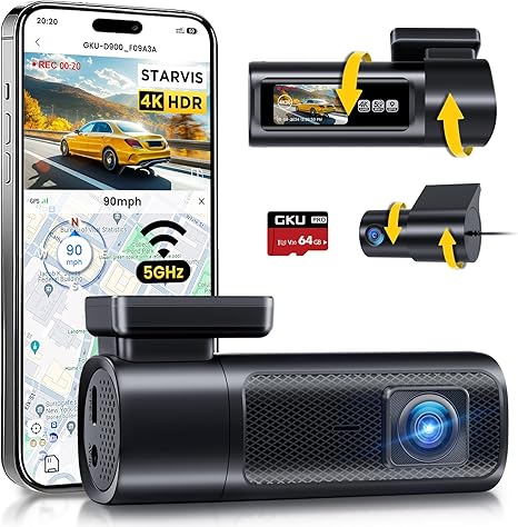 Front and rear dual-recording dashcam, 4K 60fps + 2.5K high definition, suitable for cars equipped with a 1.47-inch display, supports 64G SD card (black).