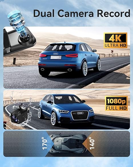 12''4K Rear View Mirror Camera with CarPlay&Andorid Auto,Mirror Dash Cam Front and Rear for Car Truck with Voice Control&Split Touch Screen, Rerverse Assist/Loop Record/G sensor/64GB Card Included