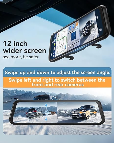 12''4K Rear View Mirror Camera with CarPlay&Andorid Auto,Mirror Dash Cam Front and Rear for Car Truck with Voice Control&Split Touch Screen, Rerverse Assist/Loop Record/G sensor/64GB Card Included