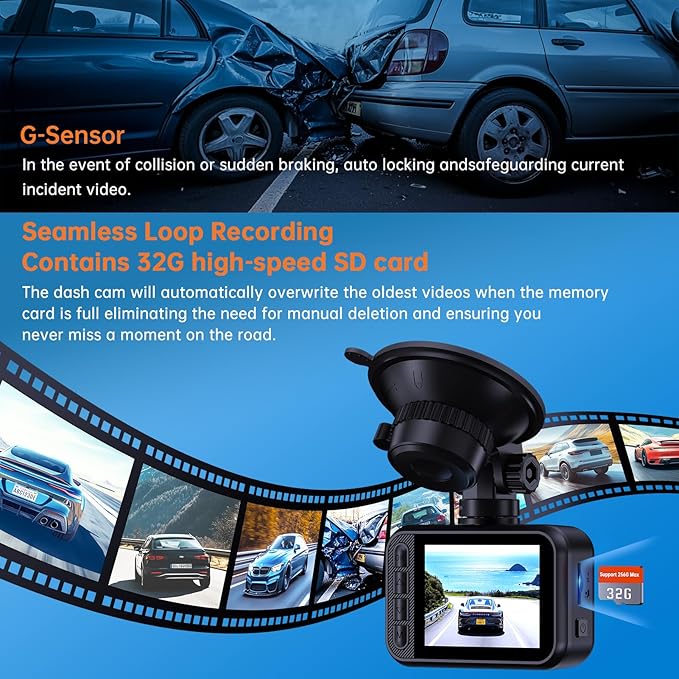 Front and rear dual-camera dashcam, 2.5K dual-lens dashcam, 2560P mini car camera, 2-inch IPS screen, standard 32GB memory card, 24-hour parking monitoring, gravity sensor, supports up to 256GB memory card.