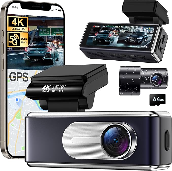 Front and rear dual-recording dashcam - 4K high-definition dual-lens dashcam with built-in 5G WiFi GPS, supports 64GB memory card, and features a 3.2-inch IPS screen.