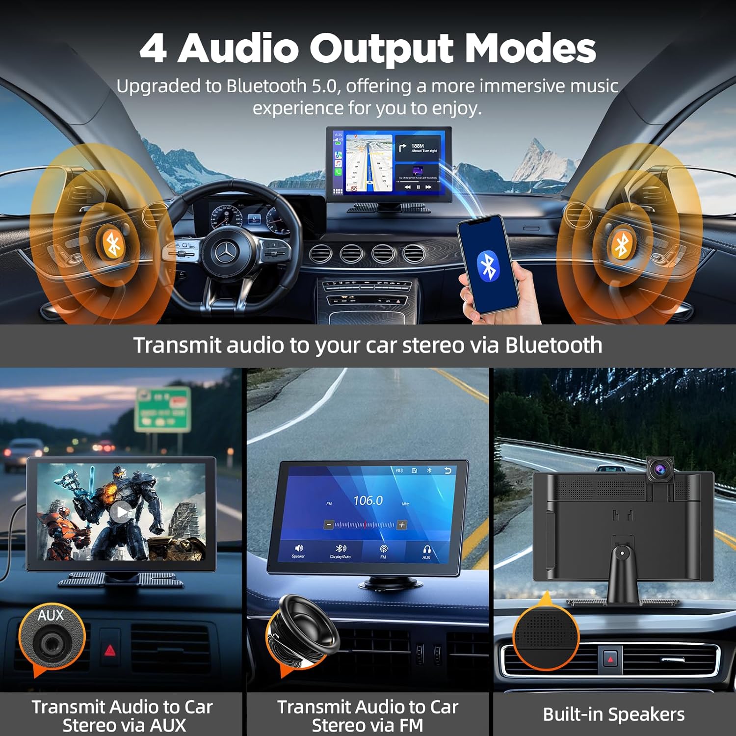 It features a 9-inch wireless in-car screen, a 4K+1080P dashcam, and a reversing camera.
