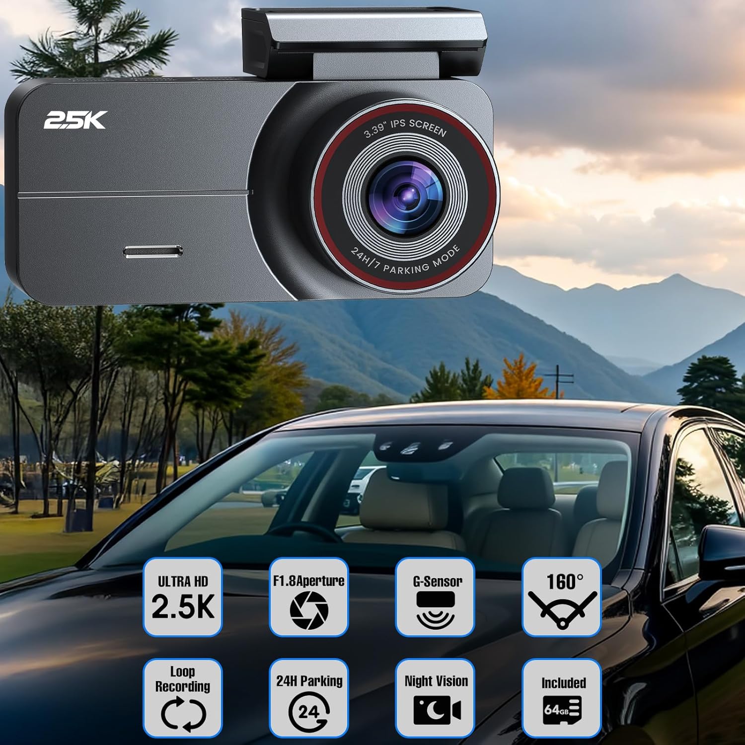 Dash Cam Front and Rear, 2.5K /1080P QHD Dual Dash Camera for Cars, Super Night Vision Dashcam, Loop Recording, 3.39” IPS, 64GB Card Included, 160° Wide Angle, Parking Mode - Black Pro
